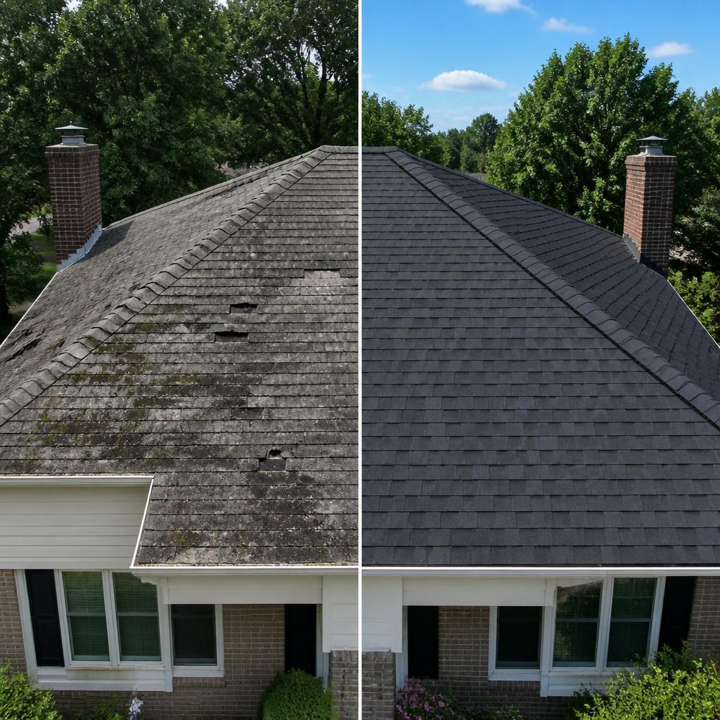 Before and after roof replacement comparison