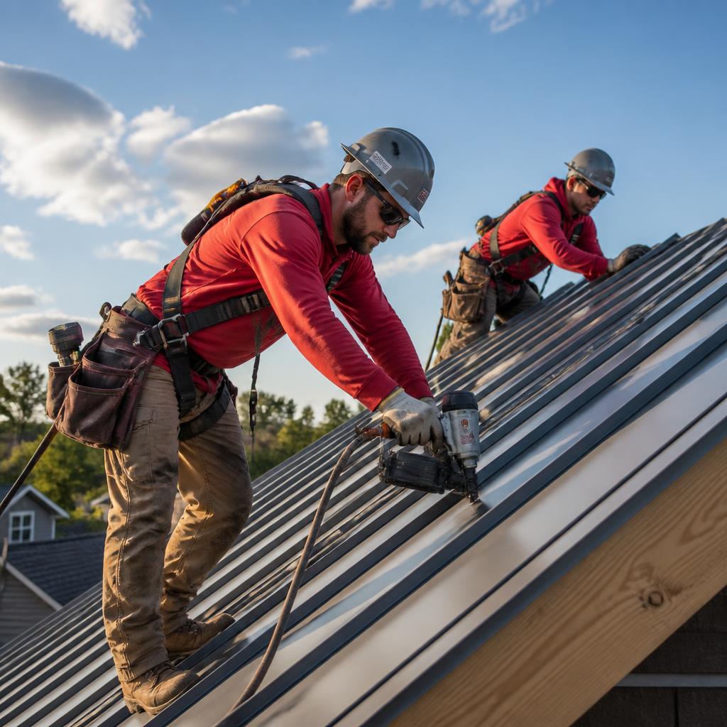 Roofing crew installing a metal roof